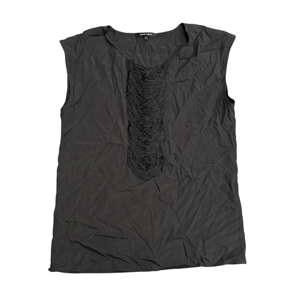 Nanette Lepore Black Silk Fringe Bib Sleeveless Blouse Top Size 6 Made in USA